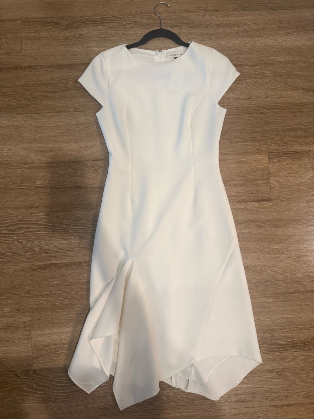 Halston Heritage White Asymmetrical Cap-Sleeve Sheath Dress